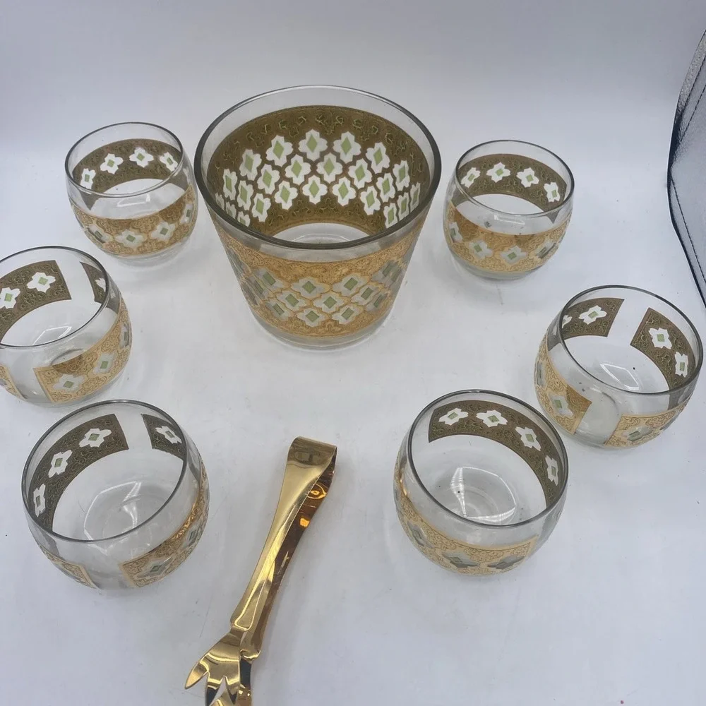 VTG Culver Green 22K Gold VALENCIA Ice bowl & Roly Poly Glasses BAR SET MCM